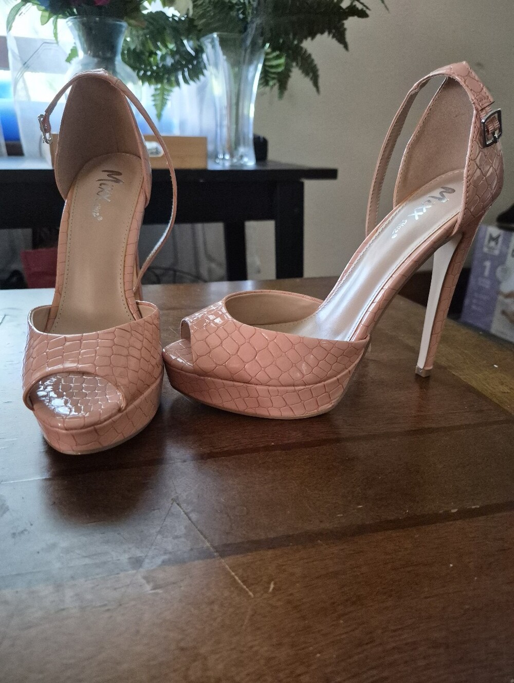 Mixx Shuz Peach Platform Peep-Toe Ankle-Strap Heels